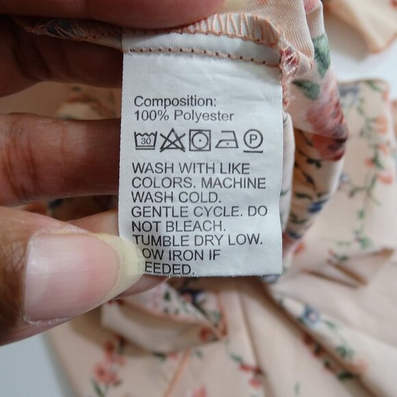 Pink Floral Print V-Neck Blouse Cinched Waist Womens Size L Short Sleeve - Picture 4 of 9